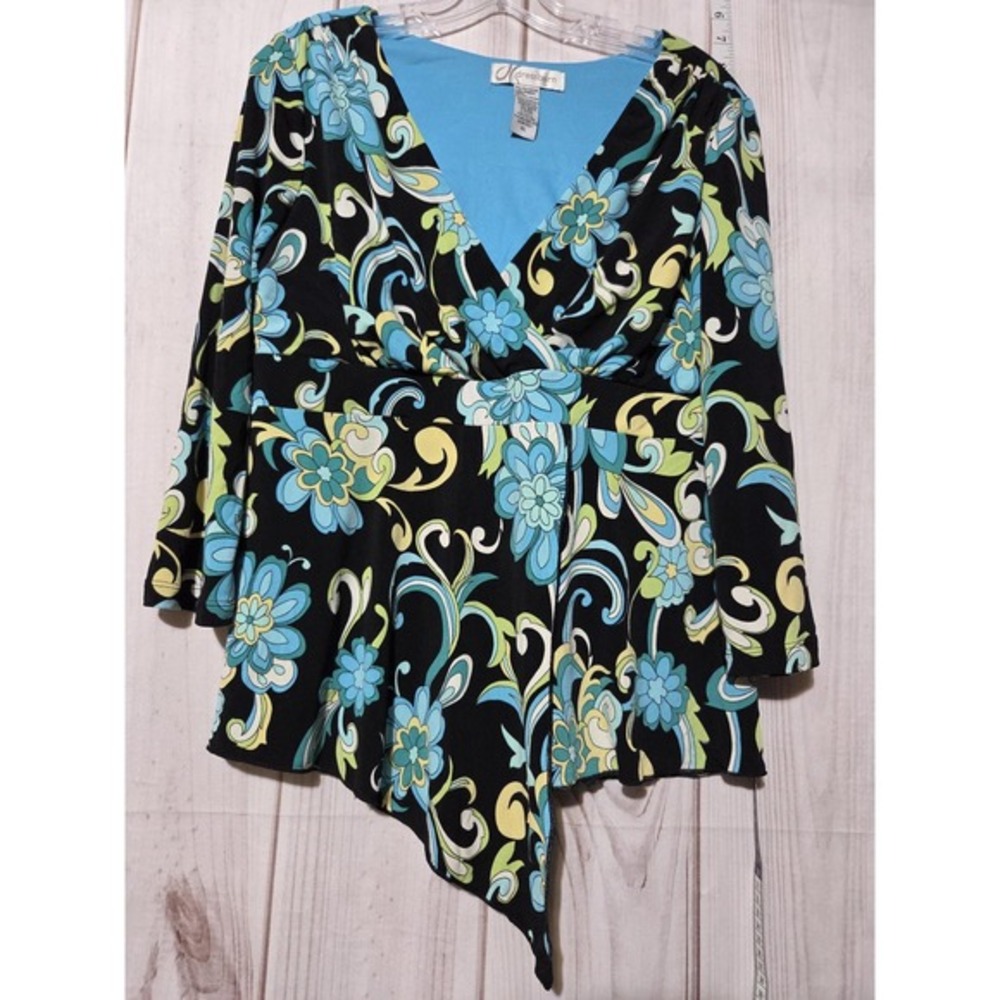 Dressbarn Top Womens XL Black Blue Floral Handkerchief Hem Stretch Boho Blouse